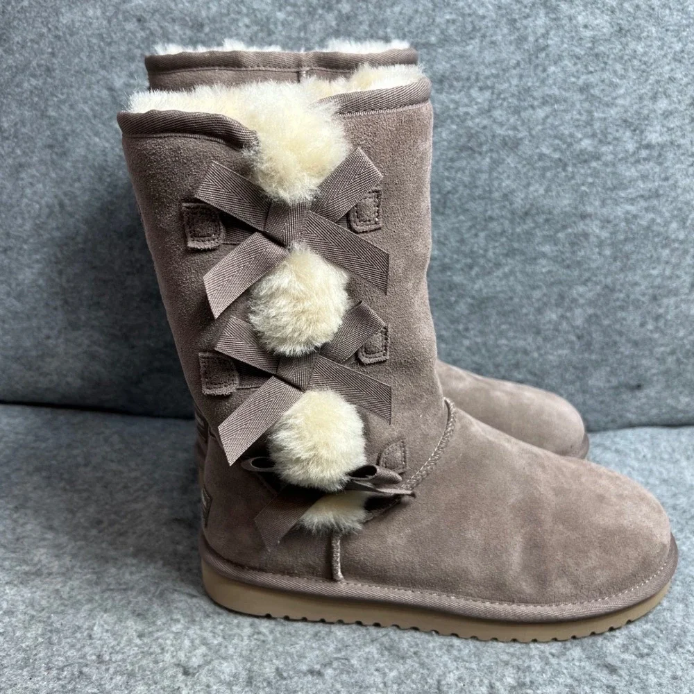 Koolaburra by UGG Victoria Tall Boots Taupe Suede Triple Bow Winter Womens Sz 6